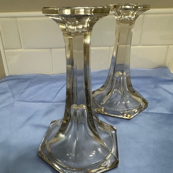Vintage Crystal Glass Candlestick Holders Set of Two Hexagon Base Flute Design - Picture 3 of 8
